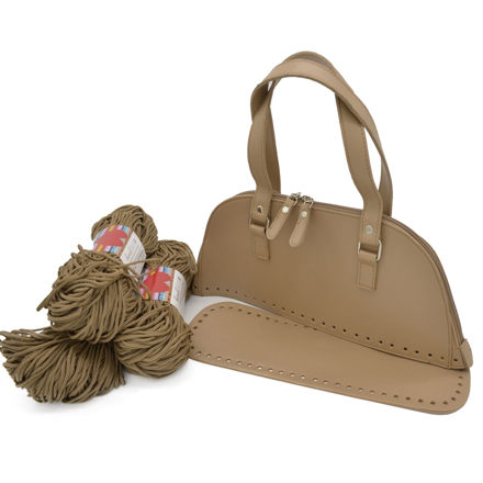 Picture of Kit Bowling Bag, Beige, Two Handles, Base & Zipper with 600gr Heart Cord Yarn, Beige Cigar