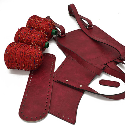 Picture of Kit Ginger Backpack with Eco-Leather Pocket and Tongue, Vintage Bordeaux with 900gr Pom Pom Cord Yarn, Dark Red
