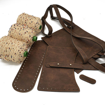 Picture of Kit Ginger Backpack with Eco-Leather Pocket and Tongue, Wood Brown with 900gr Pom Pom Cord Yarn, Ecru