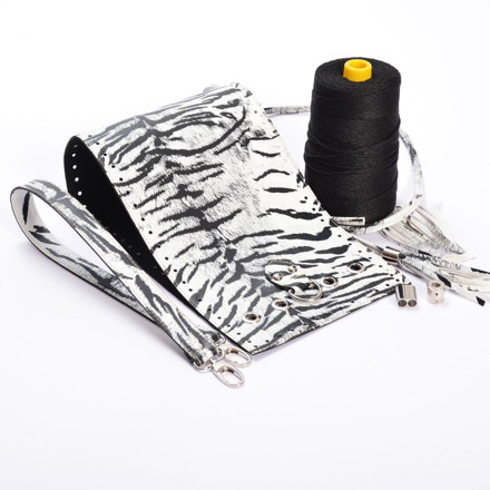 Picture of Kit Pouch Bag ERATO, Black and White Zebra Print with Shoulder Strap, Tassels, Metal Accessories and Black Fibra Cord Yarn