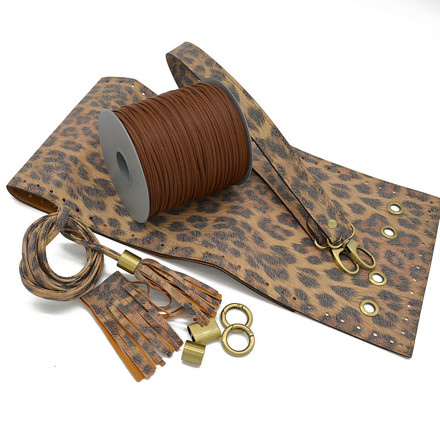 Picture of Kit Pouch Bag ERATO, Tabac Tiger Print with Shoulder Strap, Tassels, Metal Accessories and Brown Tripolino Cord Yarn