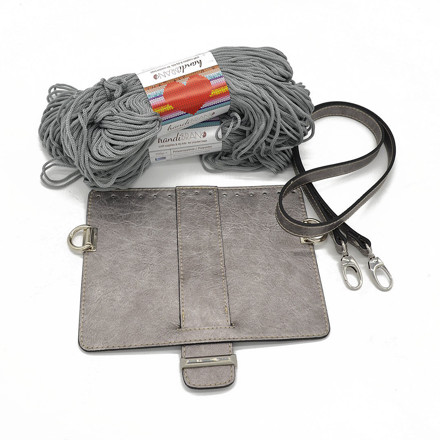 Picture of Kit MELLIA Bag Cover, 23cm Vintage Silver with 120cm Strap and 400gr Hearts Cord Yarn, Gray